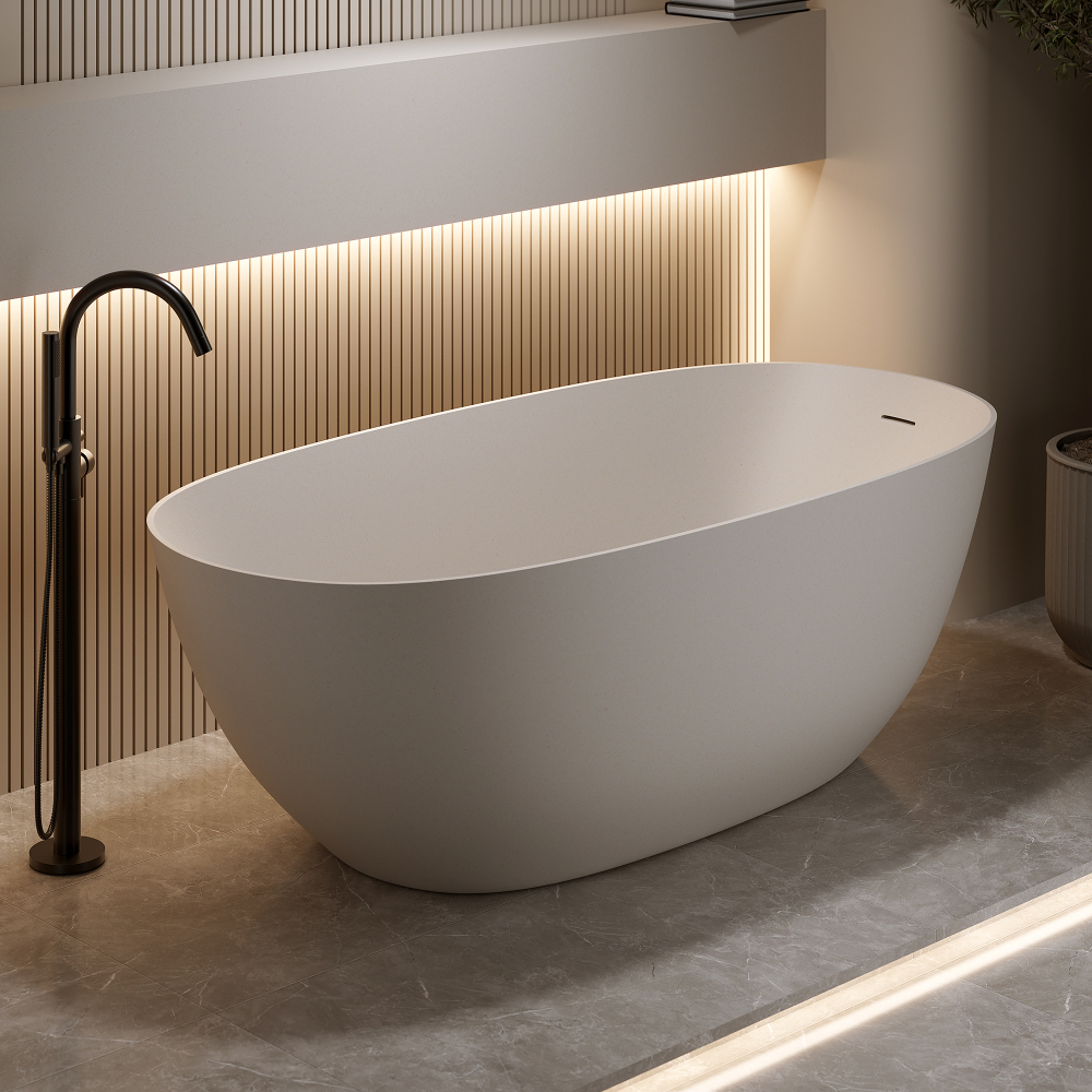 Moray 61 in. x 30.7 in. Solid Surface Stone Resin Flat Bottom Freestanding Thin-Edge Soaking Bathtub in Terrazzo Beige