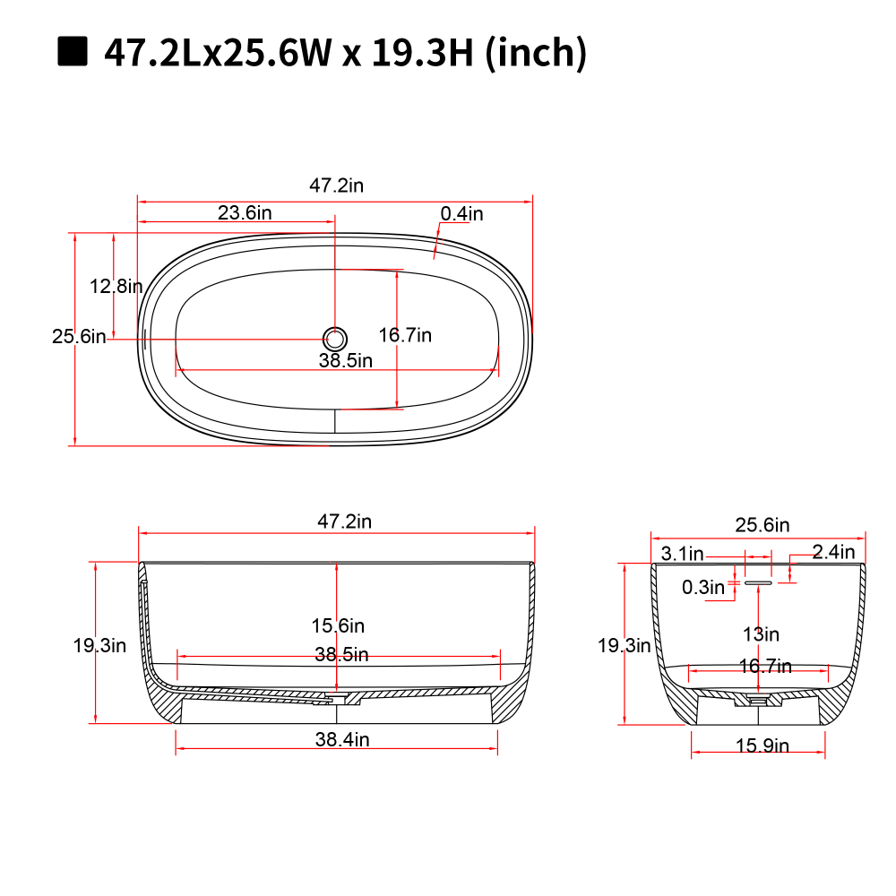 47'' Freestanding Bathtub Resin Stone Soaking Bathtub Solid Surface Modern Tubs with Overflow and Pop-up Drain
