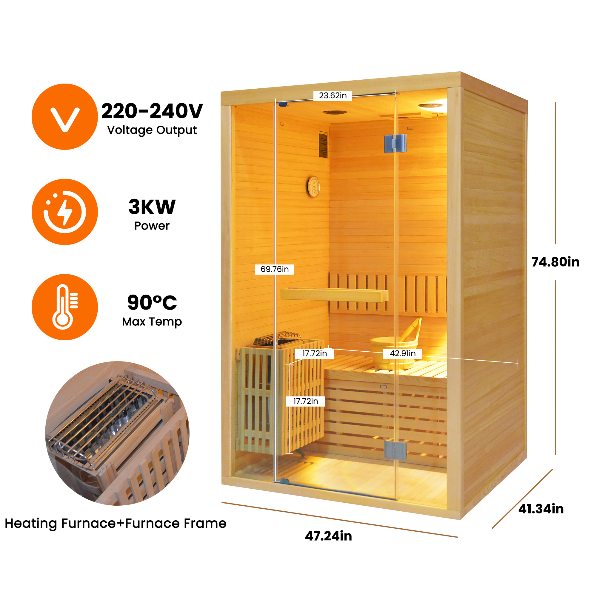 Moray 2-Person Traditional Indoor Hemlock Wet/Dry Sauna with Steam Metal Heater, Volcanic Sauna Stones, and Accessories