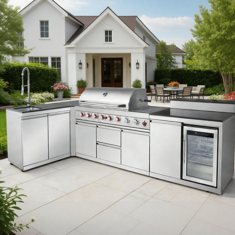 Xspracer Outdoor Kitchen Island 95.8 Inch 6+1 Burner Propane Gas BBQ Grill 95500 BTU 304 Stainless Steel Silver Color With CSA, ETL Certification + Sink + Refrigerator + Bar Table