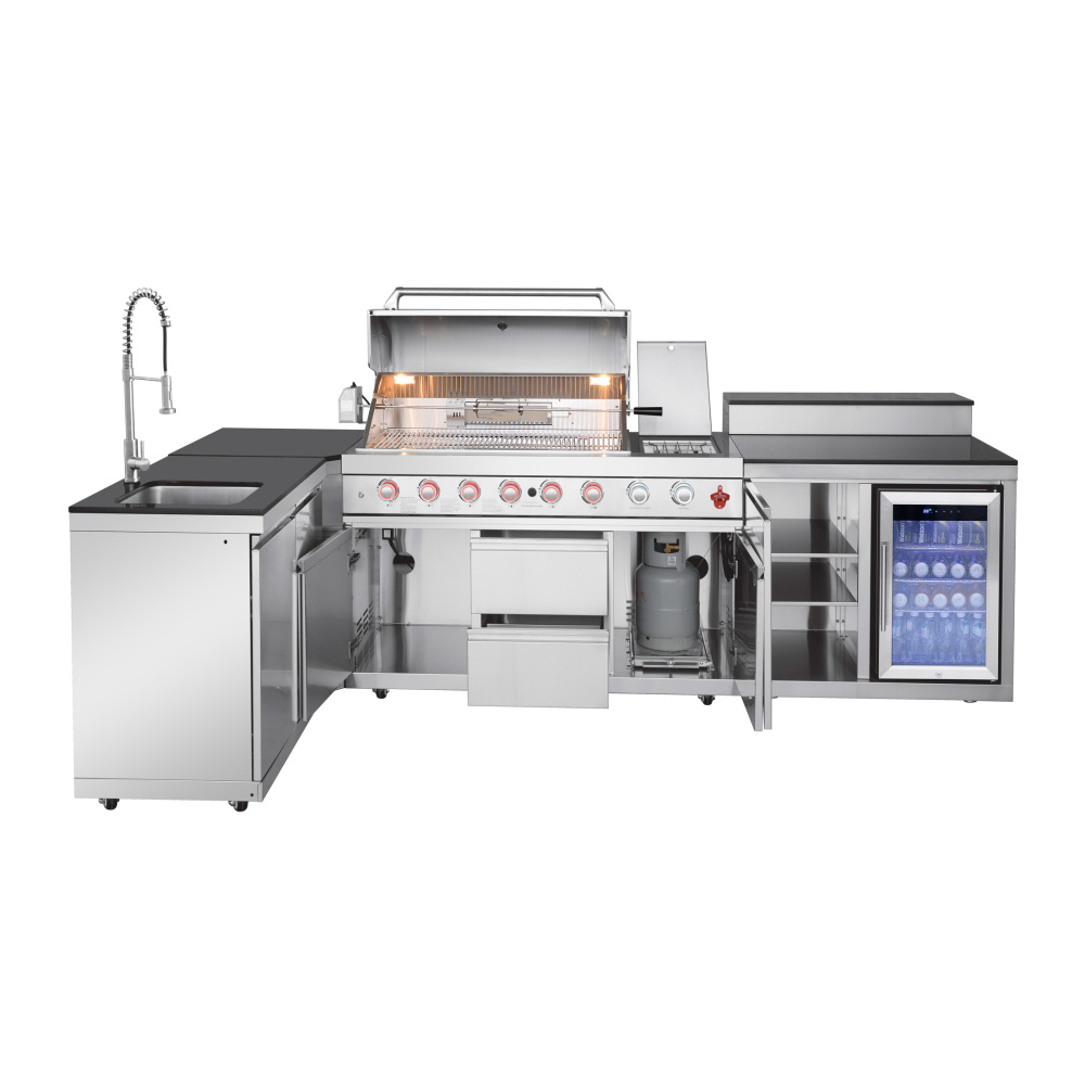 Xspracer Outdoor Kitchen Island 95.8 Inch 6+1 Burner Propane Gas BBQ Grill 95500 BTU 304 Stainless Steel Silver Color With CSA, ETL Certification + Sink + Refrigerator + Bar Table