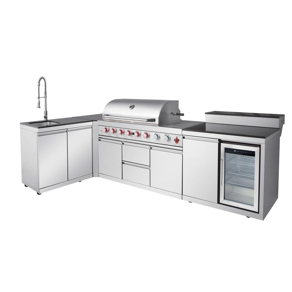 Xspracer Outdoor Kitchen Island 95.8 Inch 6+1 Burner Propane Gas BBQ Grill 95500 BTU 304 Stainless Steel Silver Color With CSA, ETL Certification + Sink + Refrigerator + Bar Table