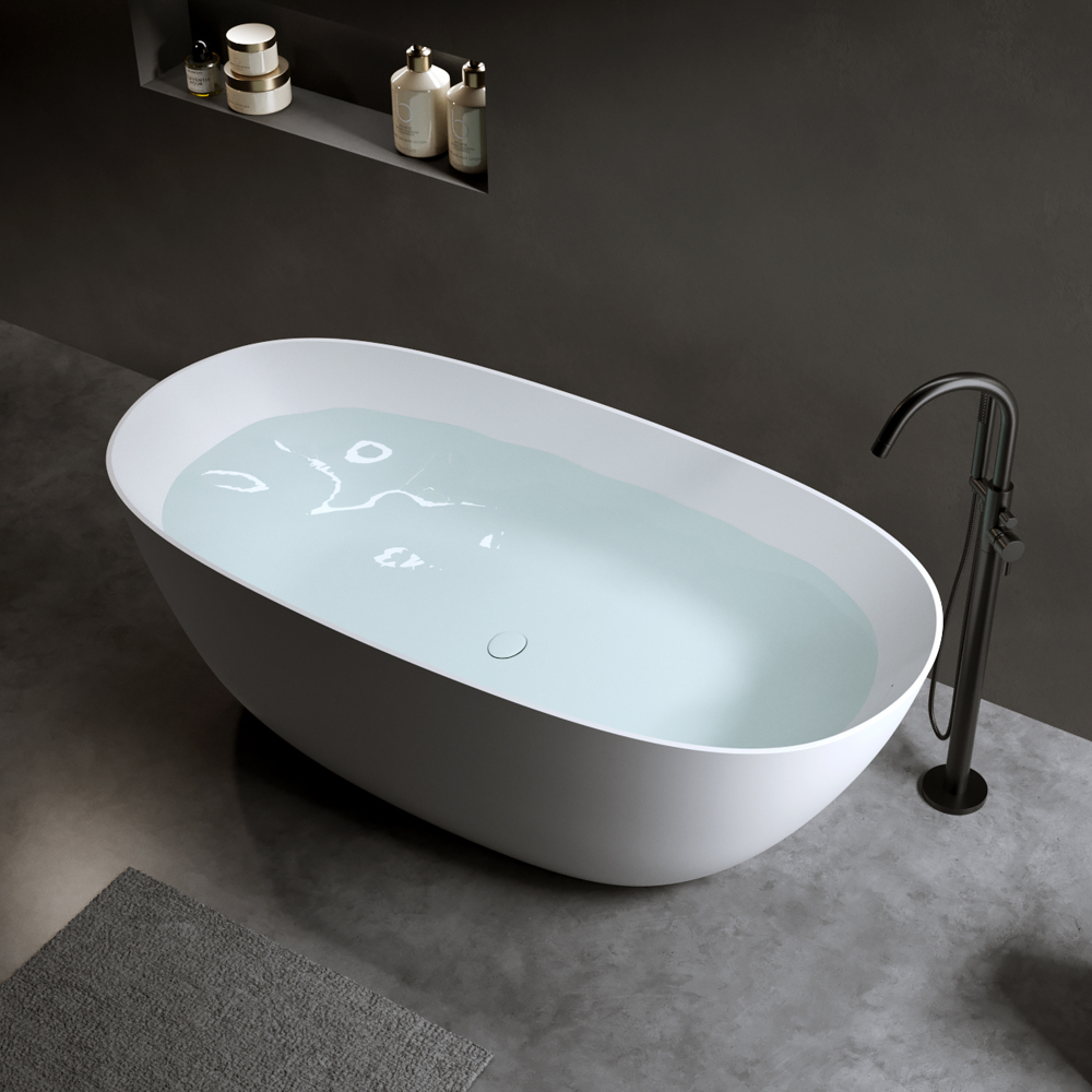 Moray 61 in. x 31 in. Solid Surface Stone Resin Flat Bottom Freestanding Thin-Edge Soaking Bathtub in Matte White