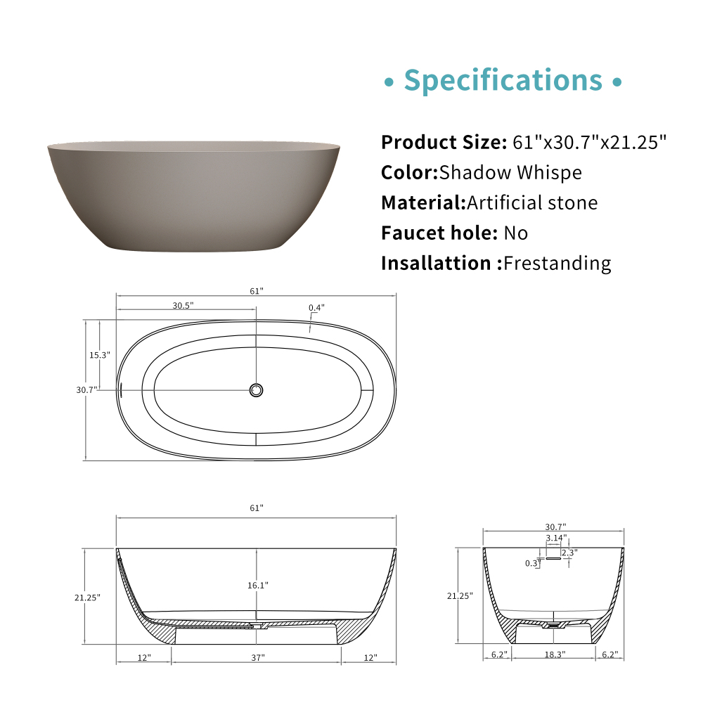 Moray 61 in. x 30.7 in. Solid Surface Stone Resin Flat Bottom Freestanding Thin-Edge Soaking Bathtub in Terrazzo Beige