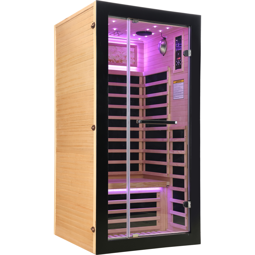 Moray 1-Person Indoor Infrared Sauna in Hemlock with Bluetooth Speakers, LED Lights, 7-Heating Panels, 1450-Watt
