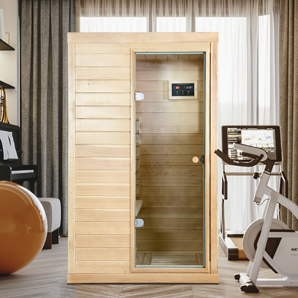 Moray 1-Person Indoor Infrared Sauna in Hemlock with Bluetooth Speaker, Red Light, 6-Heating Panels, 1050W
