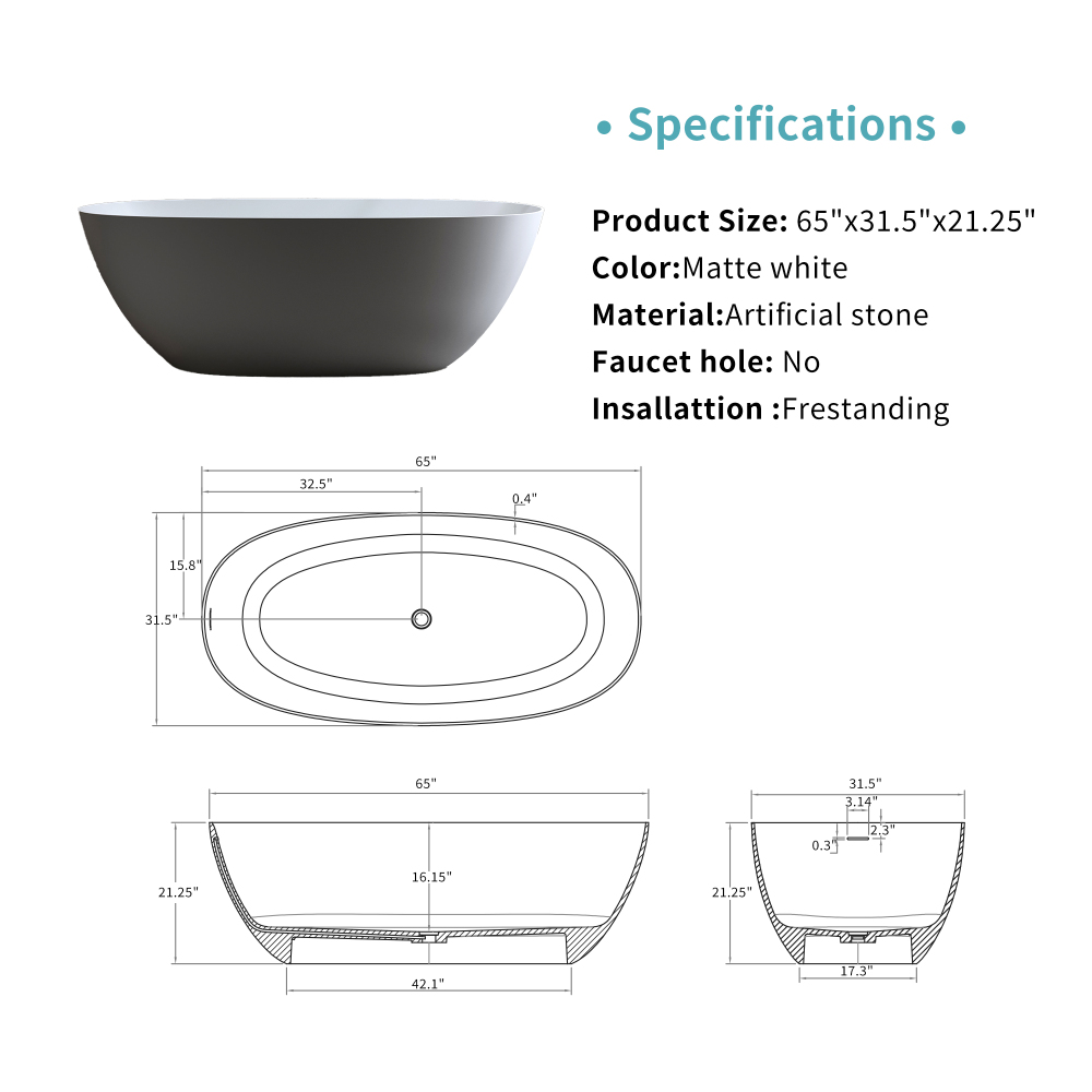 Moray 65 in. x 31.5 in. Solid Surface Stone Resin Flat Bottom Freestanding Thin-Edge Soaking Bathtub in Matte White