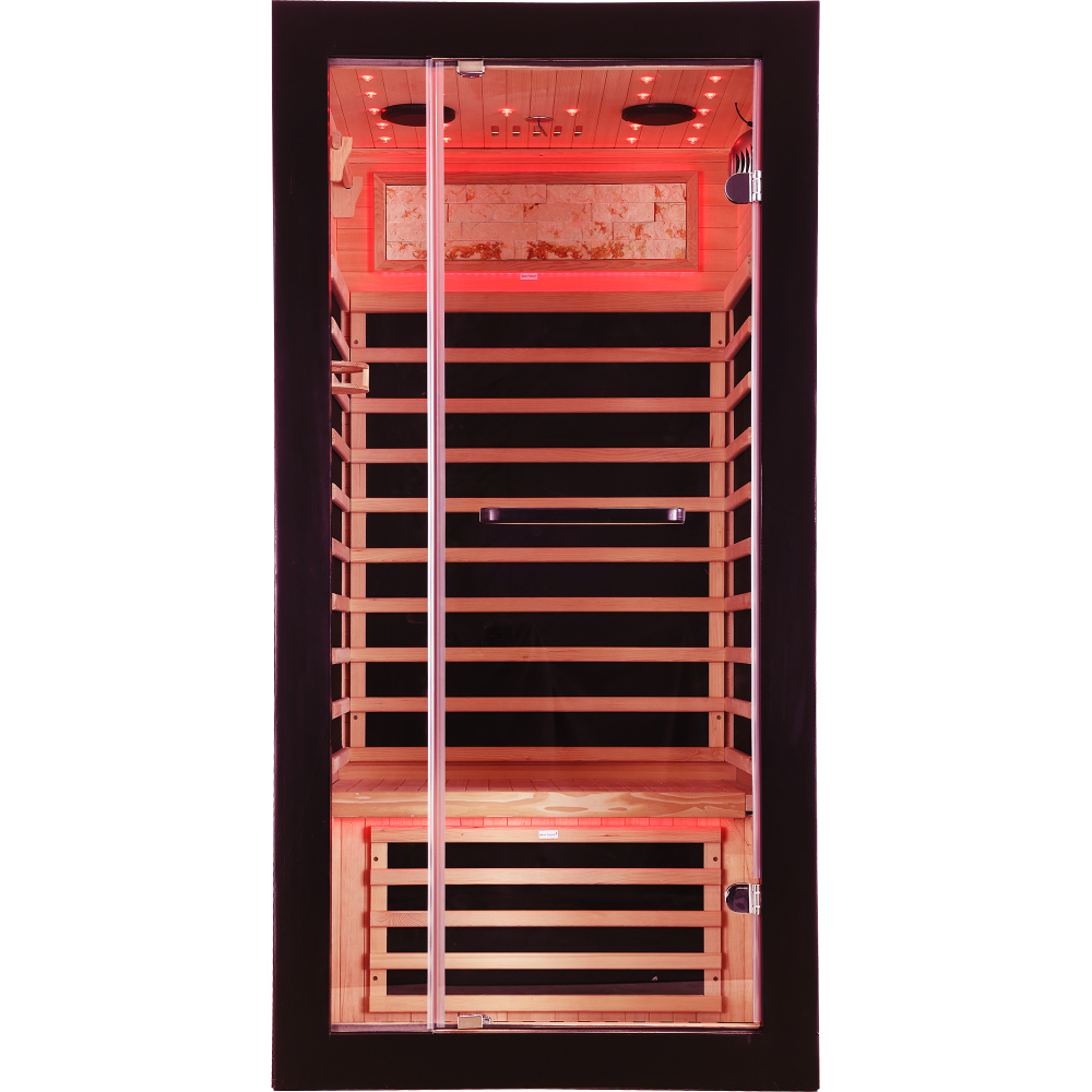 Moray 1-Person Indoor Infrared Sauna in Hemlock with Bluetooth Speakers, LED Lights, 7-Heating Panels, 1450-Watt