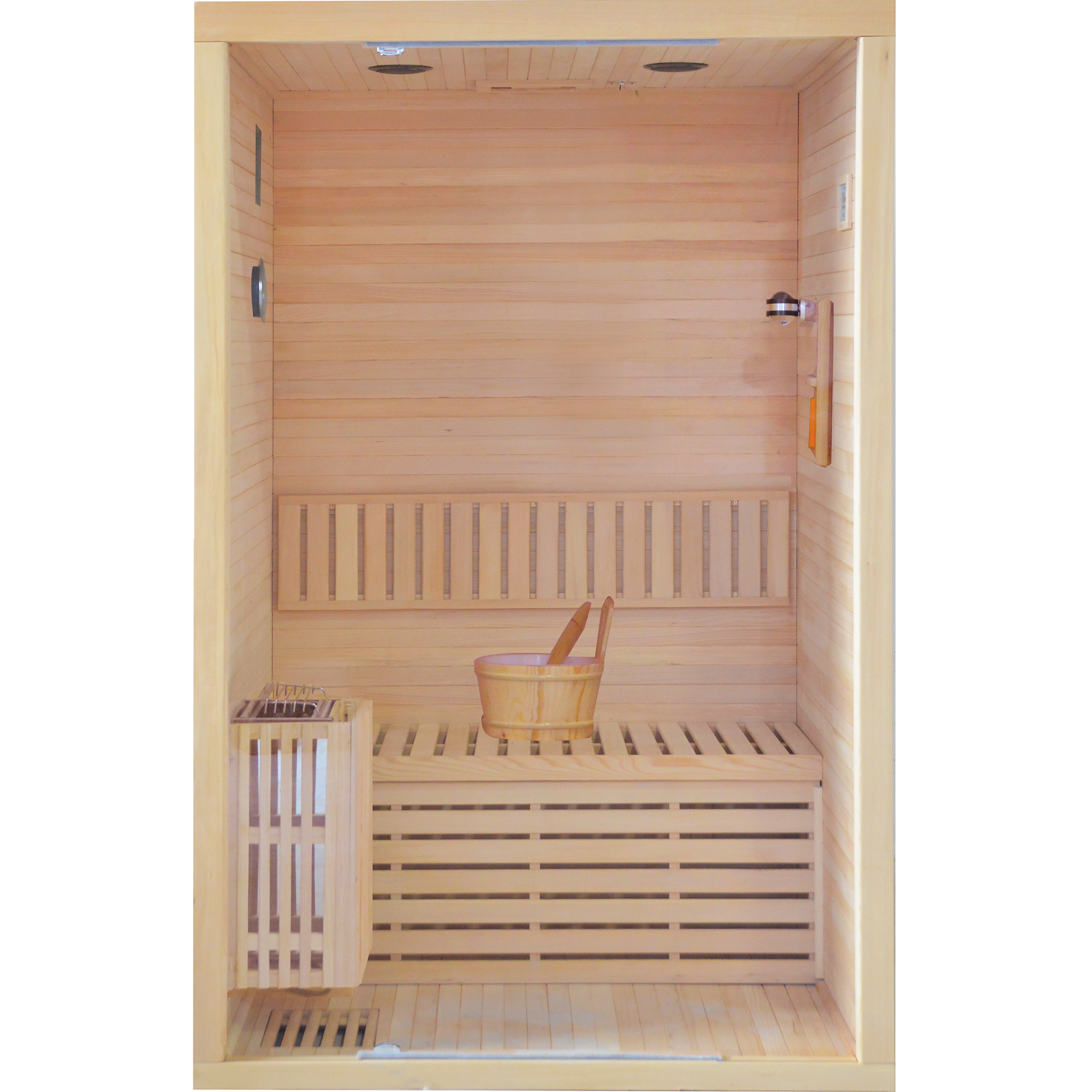 Moray 2-Person Traditional Indoor Hemlock Wet/Dry Sauna with Steam Metal Heater, Volcanic Sauna Stones, and Accessories