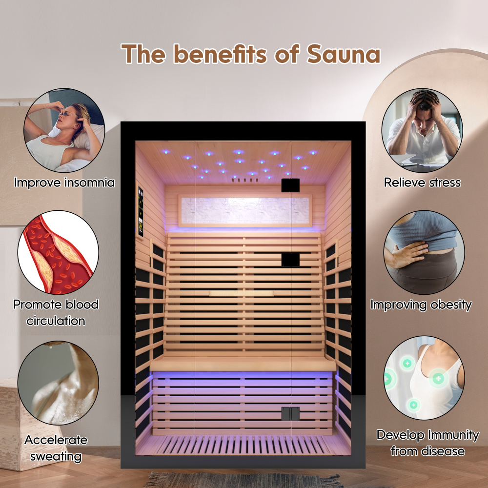 Felixo 2-Person Indoor Canadian Hemlock Luxury Far Infrared Sauna with 8-Heating Panels and Chromotherapy Lights