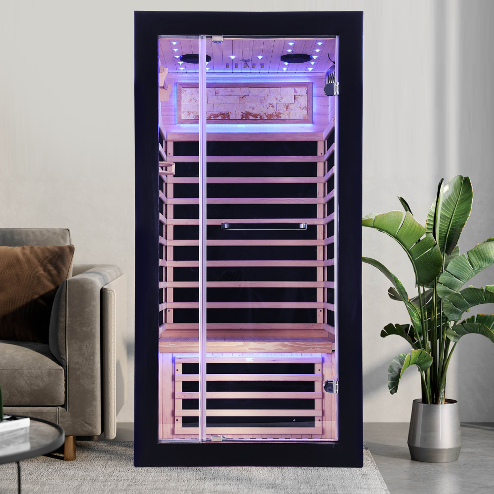 Moray 1-Person Indoor Infrared Sauna in Hemlock with Bluetooth Speakers, LED Lights, 7-Heating Panels, 1450-Watt