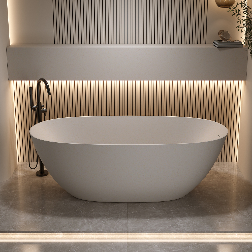 Moray 61 in. x 30.7 in. Solid Surface Stone Resin Flat Bottom Freestanding Thin-Edge Soaking Bathtub in Terrazzo Beige