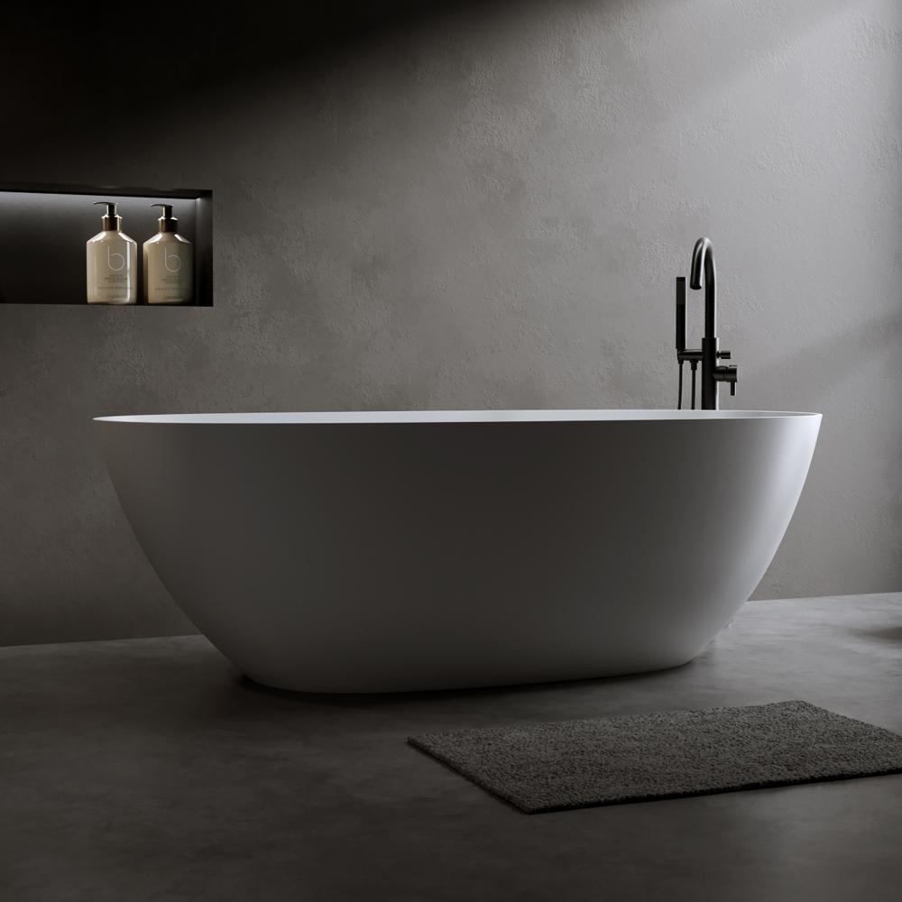 Moray 57 in. x 31 in. Solid Surface Stone Resin Flat Bottom Freestanding Thin-Edge Soaking Bathtub in Matte White