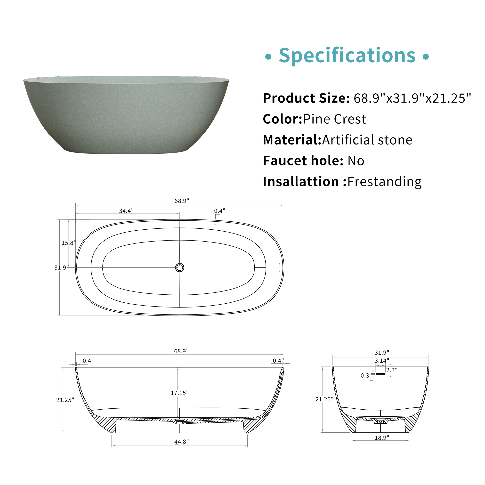 Moray 69 in. x 32 in. Solid Surface Stone Resin Flat Bottom Freestanding Thin-Edge Soaking Bathtub in Terrazzo Green