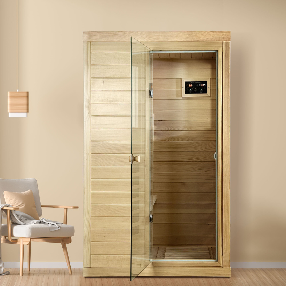 Moray 1-Person Indoor Infrared Sauna in Hemlock with Bluetooth Speaker, Red Light, 6-Heating Panels, 1050W