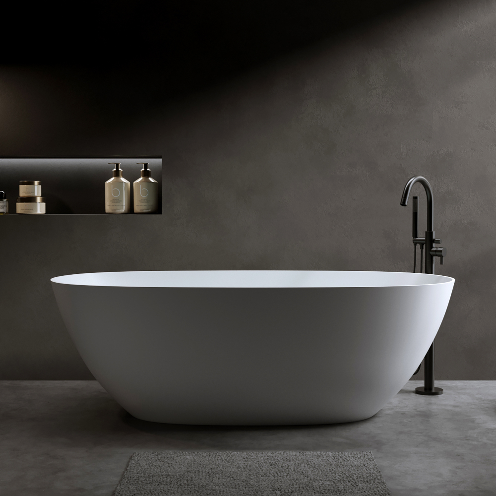 Moray 61 in. x 31 in. Solid Surface Stone Resin Flat Bottom Freestanding Thin-Edge Soaking Bathtub in Matte White