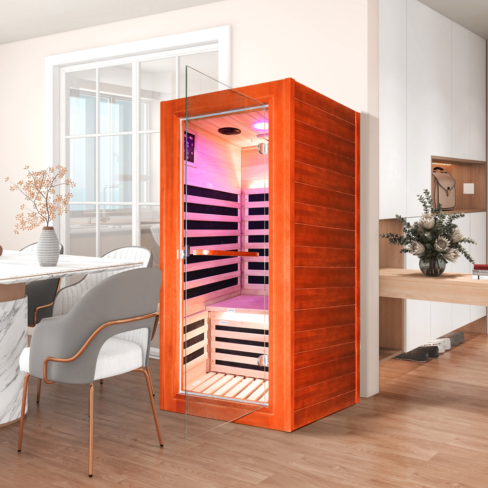 Moray 1-Person Indoor Okoume Wood Infrared Sauna with 7-Far-Infrared Heaters