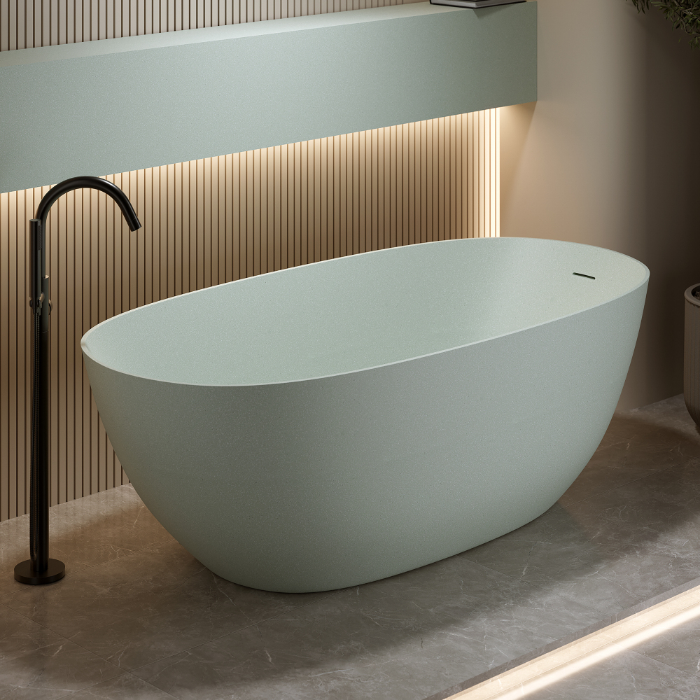 Moray 57 in. x 30.7 in. Solid Surface Stone Resin Flat Bottom Freestanding Thin-Edge Soaking Bathtub in Terrazzo Green