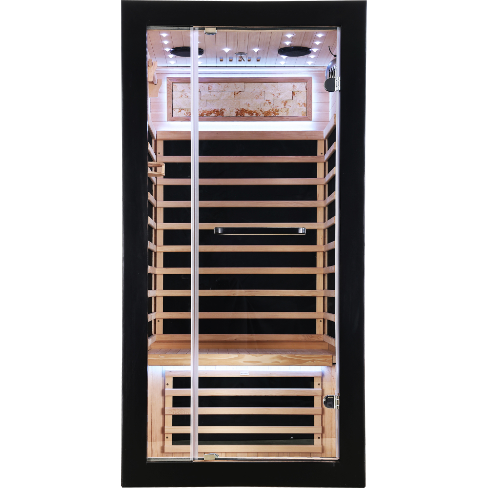 Moray 1-Person Indoor Infrared Sauna in Hemlock with Bluetooth Speakers, LED Lights, 7-Heating Panels, 1450-Watt