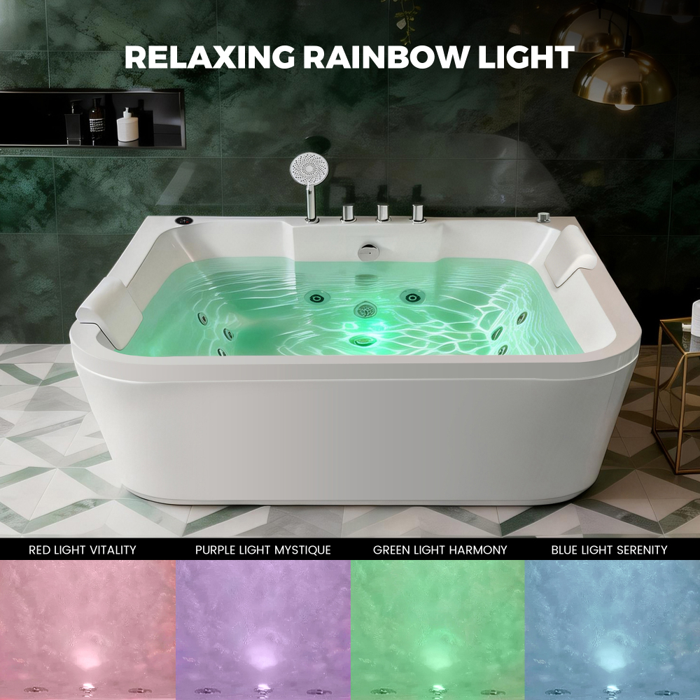 61 Inch Acrylic Whirlpool Massage Bathtub for 2 Person 16 Water Jets LED Lights Heater for Jacuzzi Spa Massage