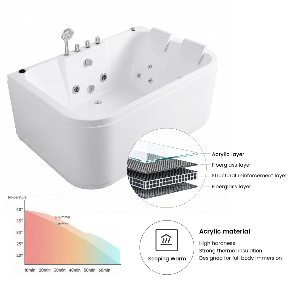 61 Inch Acrylic Whirlpool Massage Bathtub for 2 Person 16 Water Jets LED Lights Heater for Jacuzzi Spa Massage