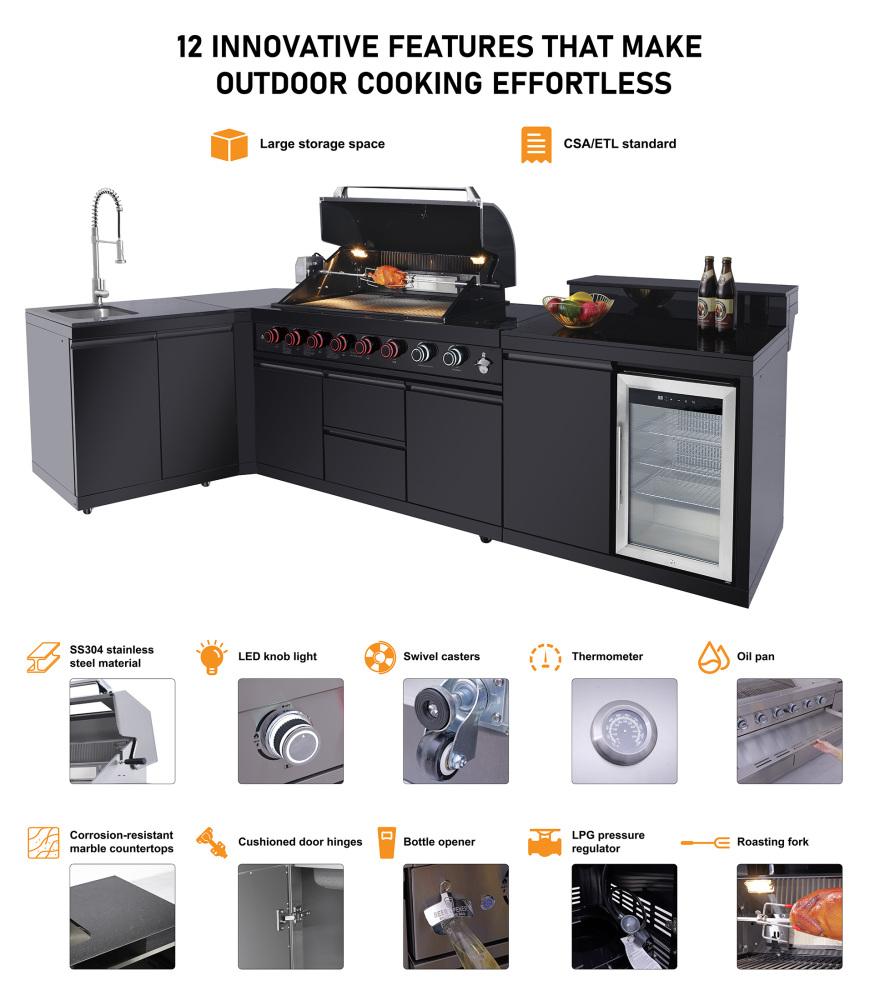 Xspracer Outdoor Kitchen Island 95.8 Inch 6+1 Burner Propane Gas BBQ Grill 95500 BTU 304 Stainless Steel Black Color With CSA, ETL Certification + Sink + Refrigerator + Bar Table