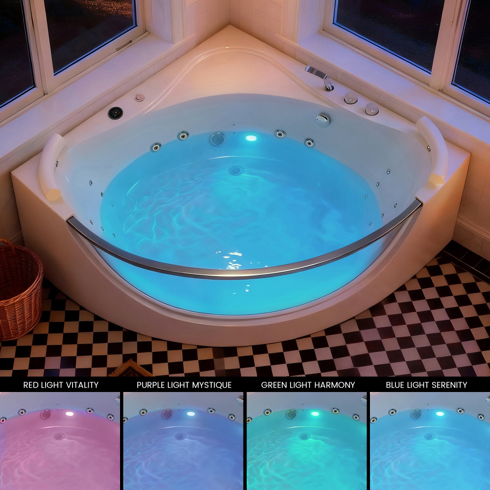2 Person Acrylic Corner Whirlpool Bathtub 59 Inch 16 Jet Hydro Massage Bathtub With Heater Rainbow Light UL Certified Spa