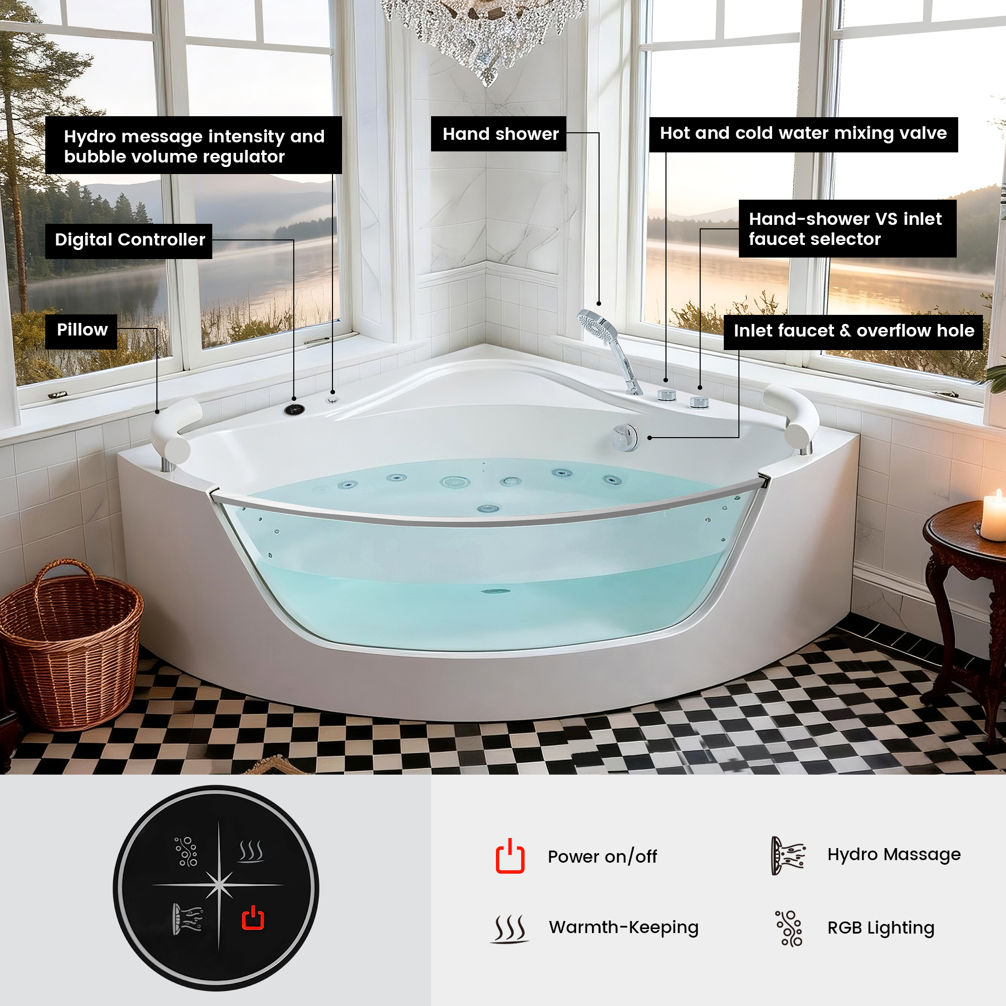 2 Person Acrylic Corner Whirlpool Bathtub 59 Inch 16 Jet Hydro Massage Bathtub With Heater Rainbow Light UL Certified Spa