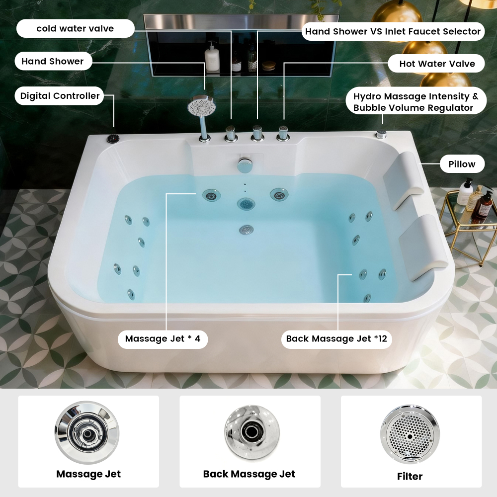 61 Inch Acrylic Whirlpool Massage Bathtub for 2 Person 16 Water Jets LED Lights Heater for Jacuzzi Spa Massage