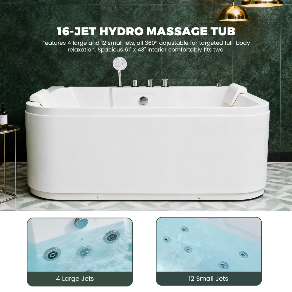 61 Inch Acrylic Whirlpool Massage Bathtub for 2 Person 16 Water Jets LED Lights Heater for Jacuzzi Spa Massage