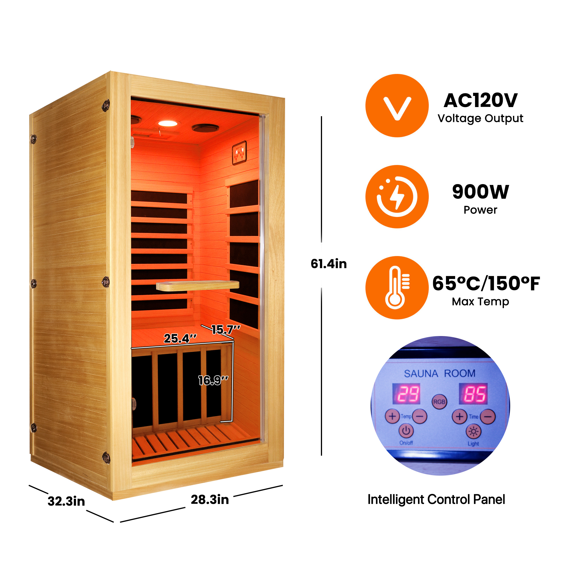 Moray 1-Person Indoor Hemlock Infrared Sauna with 5 Far-infrared Carbon Crystal Heaters, 900W