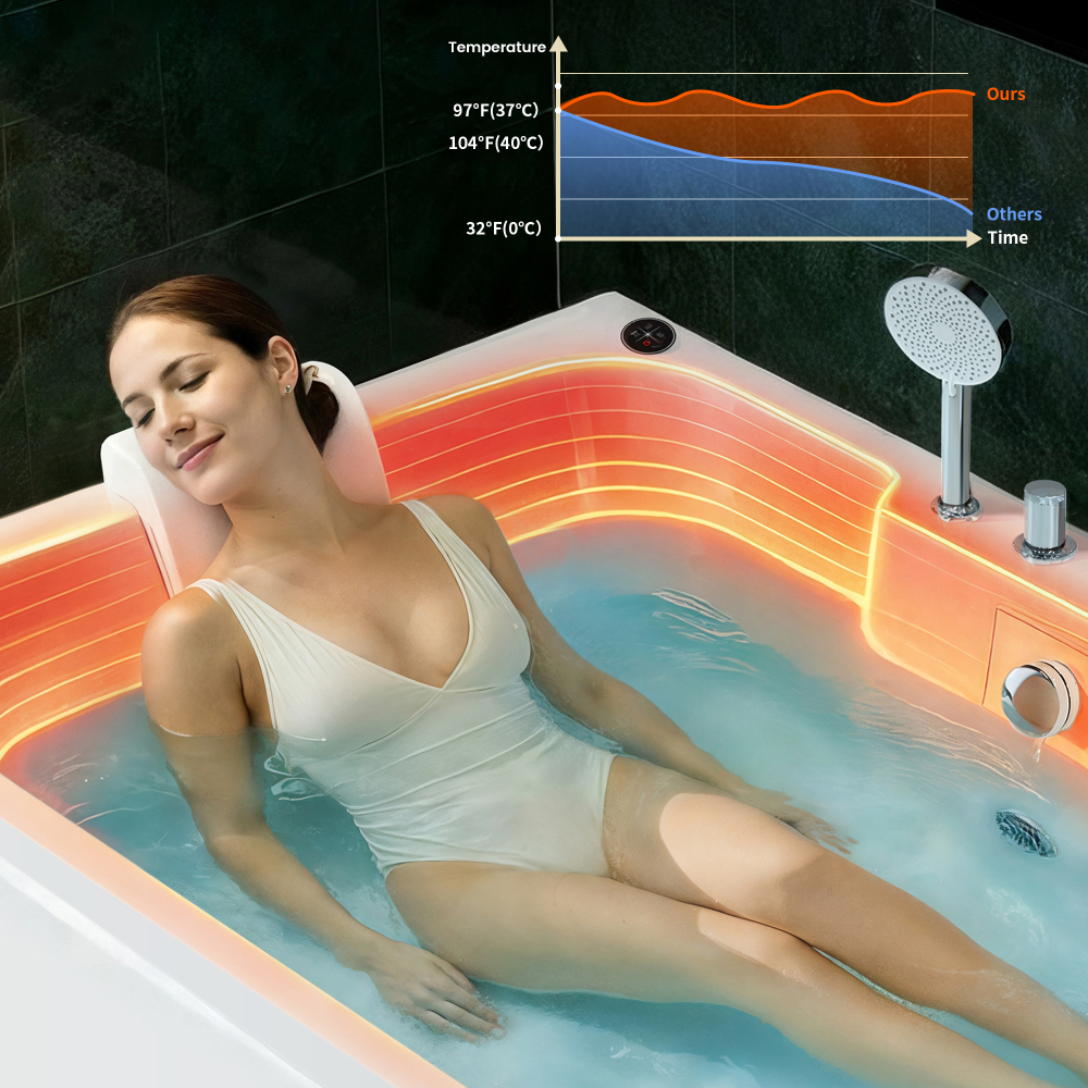 61 Inch Acrylic Whirlpool Massage Bathtub for 2 Person 16 Water Jets LED Lights Heater for Jacuzzi Spa Massage