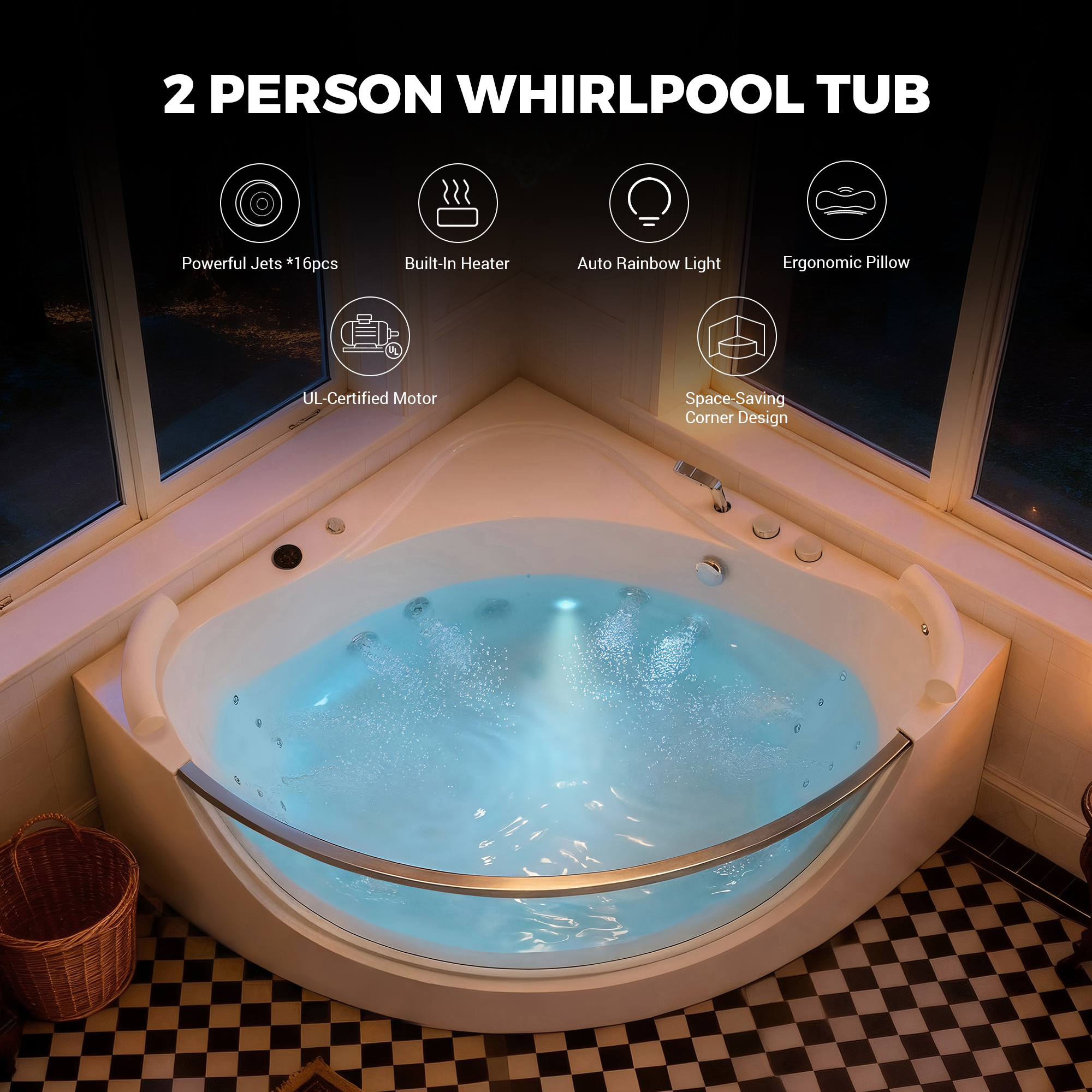2 Person Acrylic Corner Whirlpool Bathtub 59 Inch 16 Jet Hydro Massage Bathtub With Heater Rainbow Light UL Certified Spa