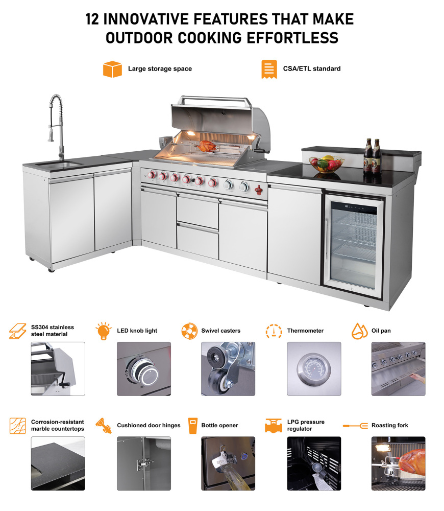 Xspracer Outdoor Kitchen Island 95.8 Inch 6+1 Burner Propane Gas BBQ Grill 95500 BTU 304 Stainless Steel Silver Color With CSA, ETL Certification + Sink + Refrigerator + Bar Table