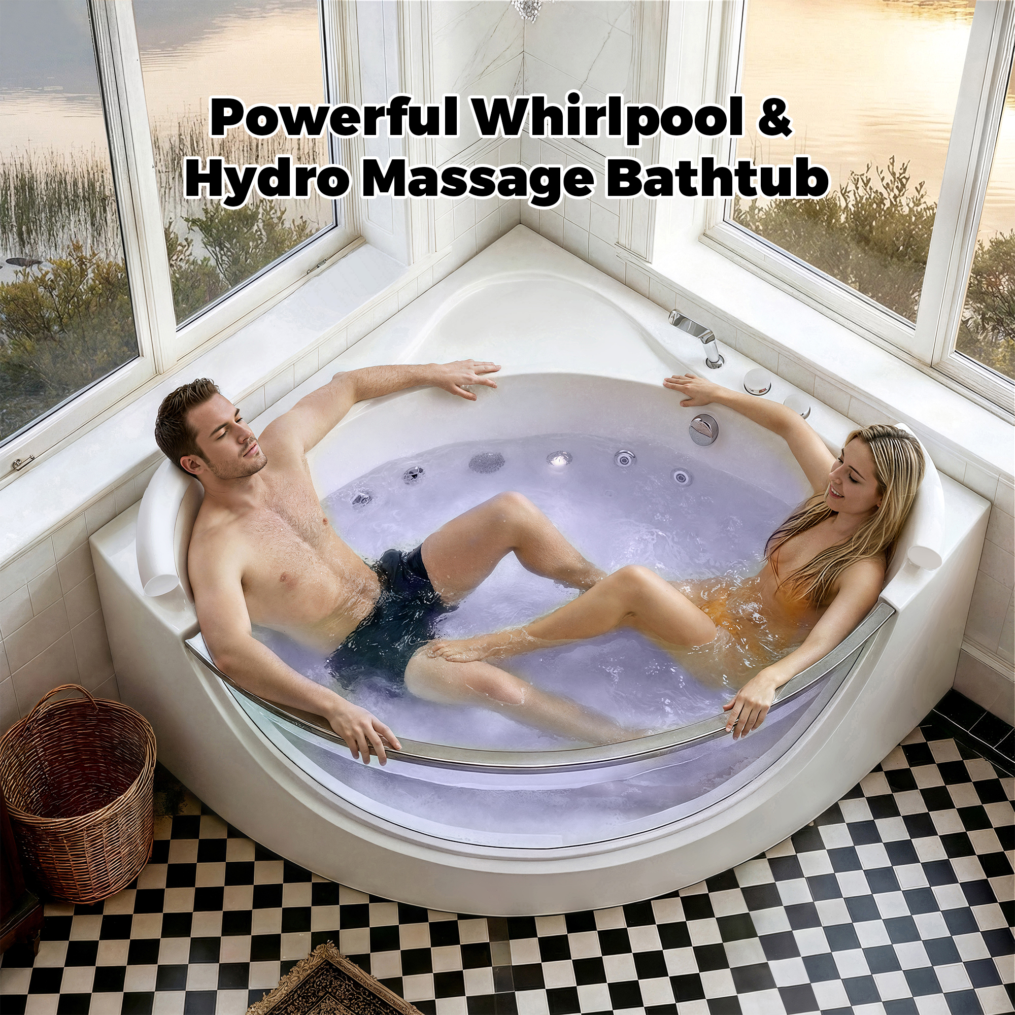 2 Person Acrylic Corner Whirlpool Bathtub 59 Inch 16 Jet Hydro Massage Bathtub With Heater Rainbow Light UL Certified Spa