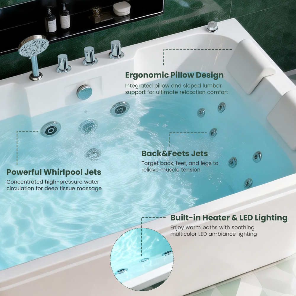 61 Inch Acrylic Whirlpool Massage Bathtub for 2 Person 16 Water Jets LED Lights Heater for Jacuzzi Spa Massage