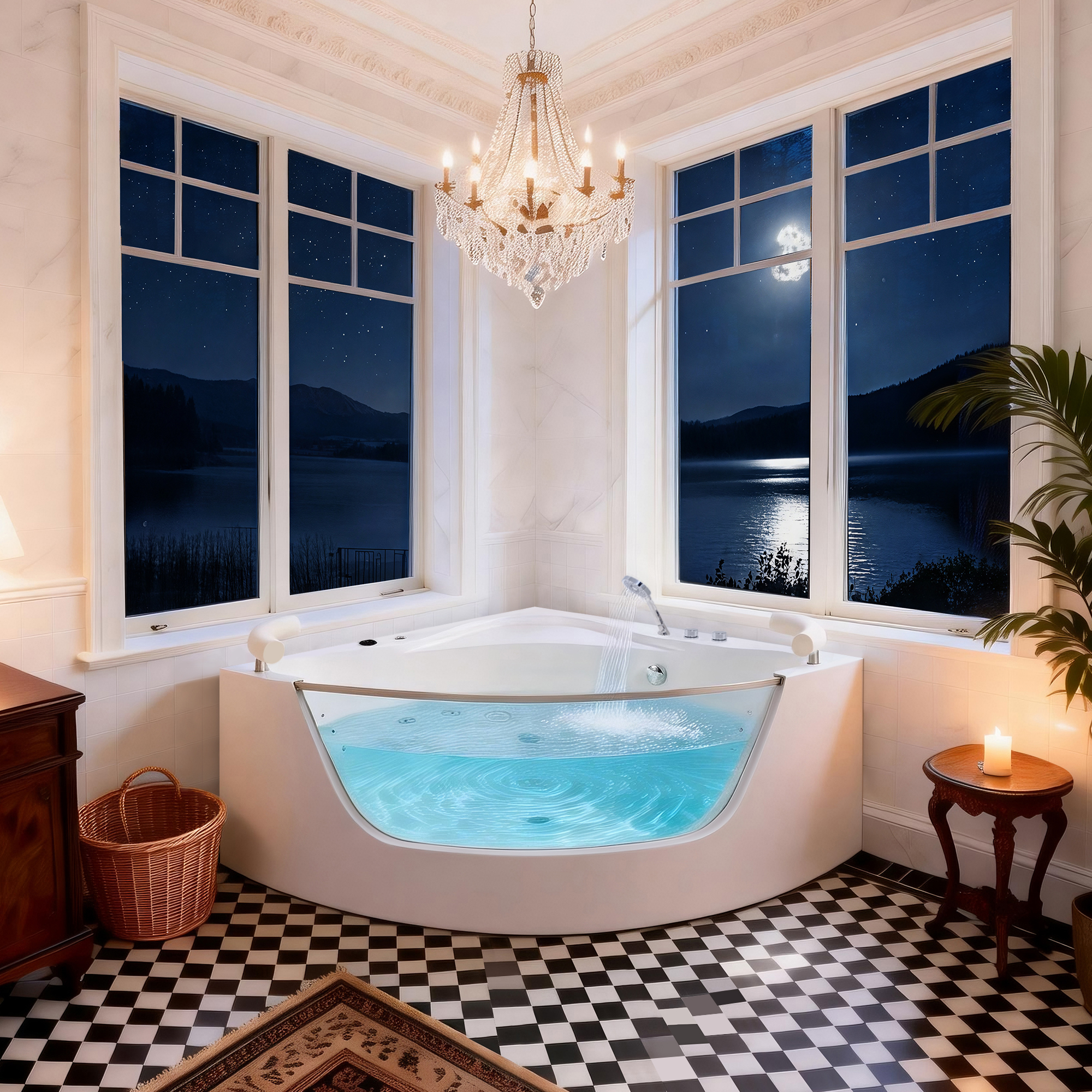 2 Person Acrylic Corner Whirlpool Bathtub 59 Inch 16 Jet Hydro Massage Bathtub With Heater Rainbow Light UL Certified Spa