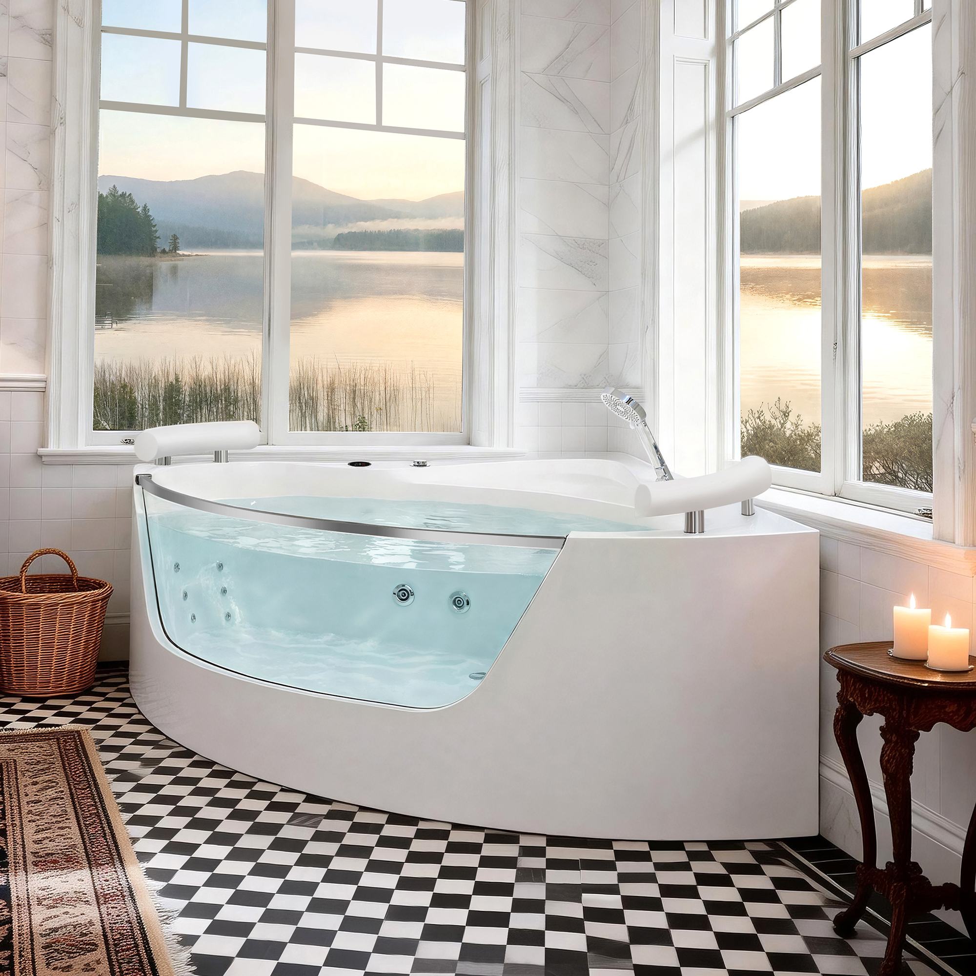 2 Person Acrylic Corner Whirlpool Bathtub 59 Inch 16 Jet Hydro Massage Bathtub With Heater Rainbow Light UL Certified Spa