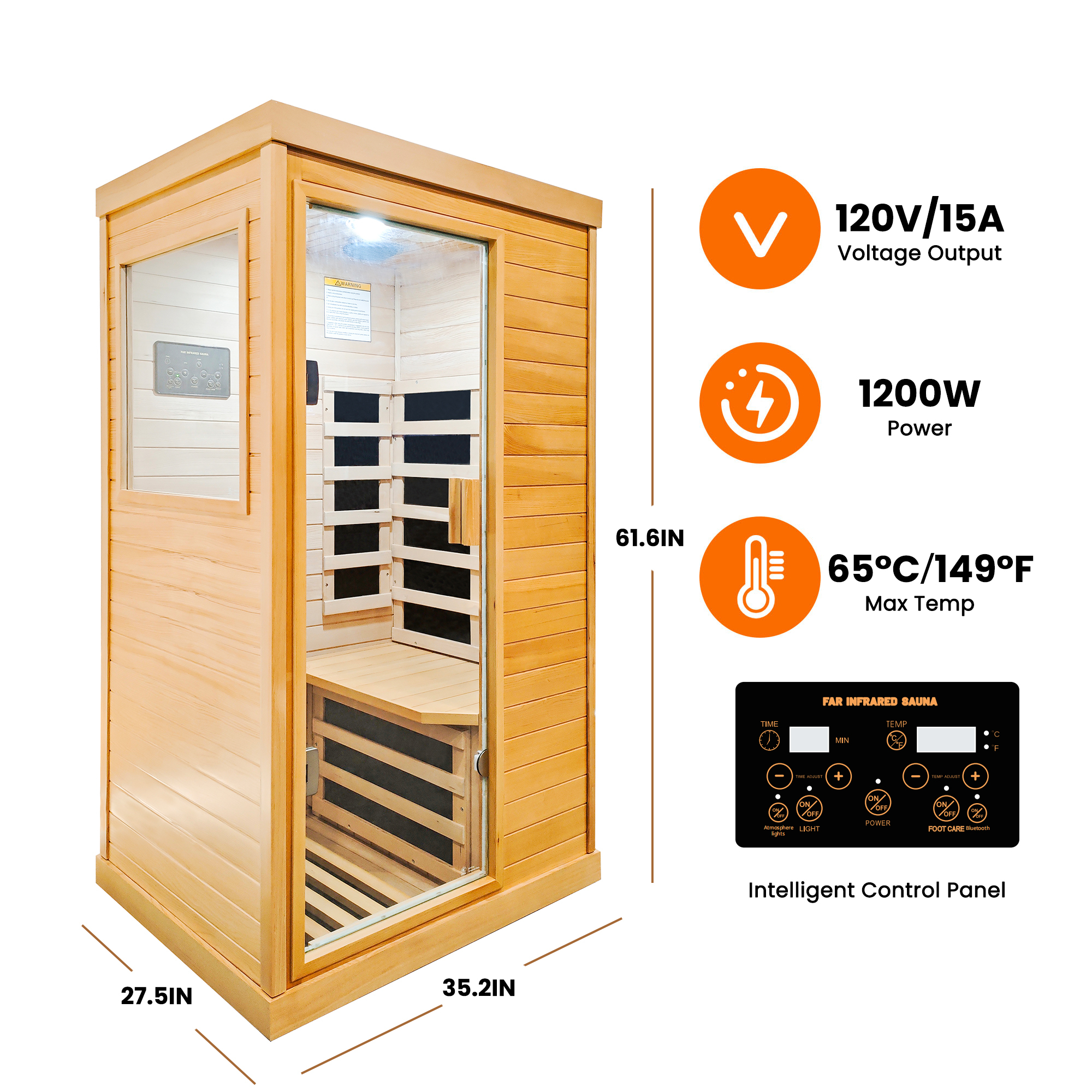 Moray 1-Person Indoor Infrared Sauna in Hemlock Wood with 6-Far-Infrared Heaters