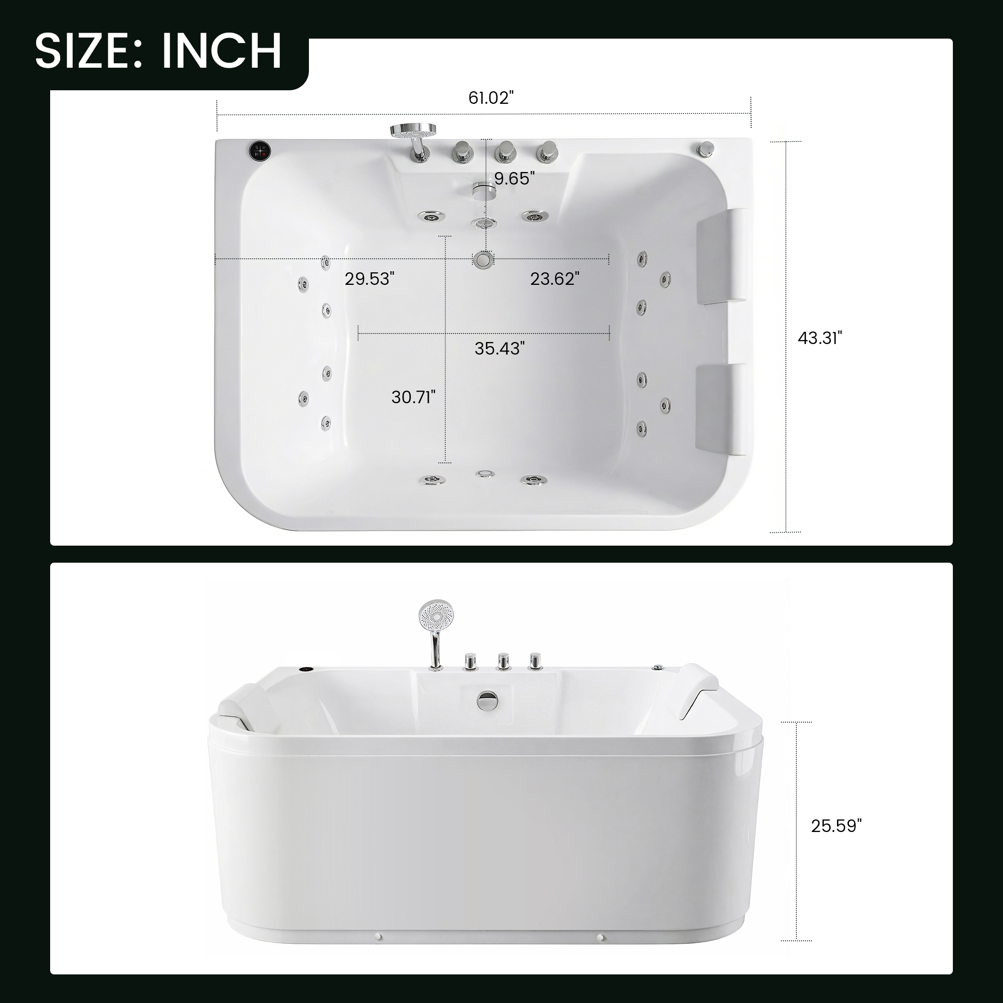 61 Inch Acrylic Whirlpool Massage Bathtub for 2 Person 16 Water Jets LED Lights Heater for Jacuzzi Spa Massage