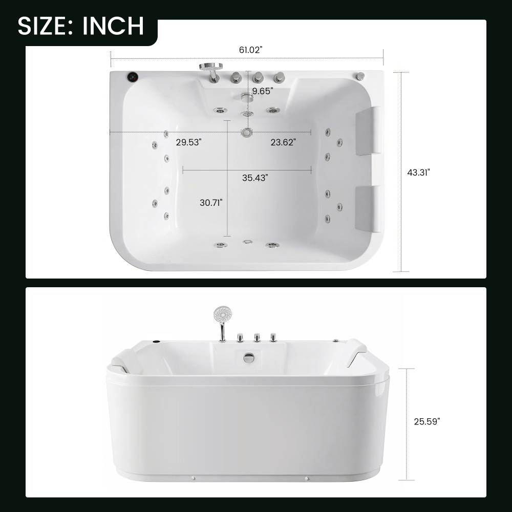61 Inch Acrylic Whirlpool Massage Bathtub for 2 Person 16 Water Jets LED Lights Heater for Jacuzzi Spa Massage