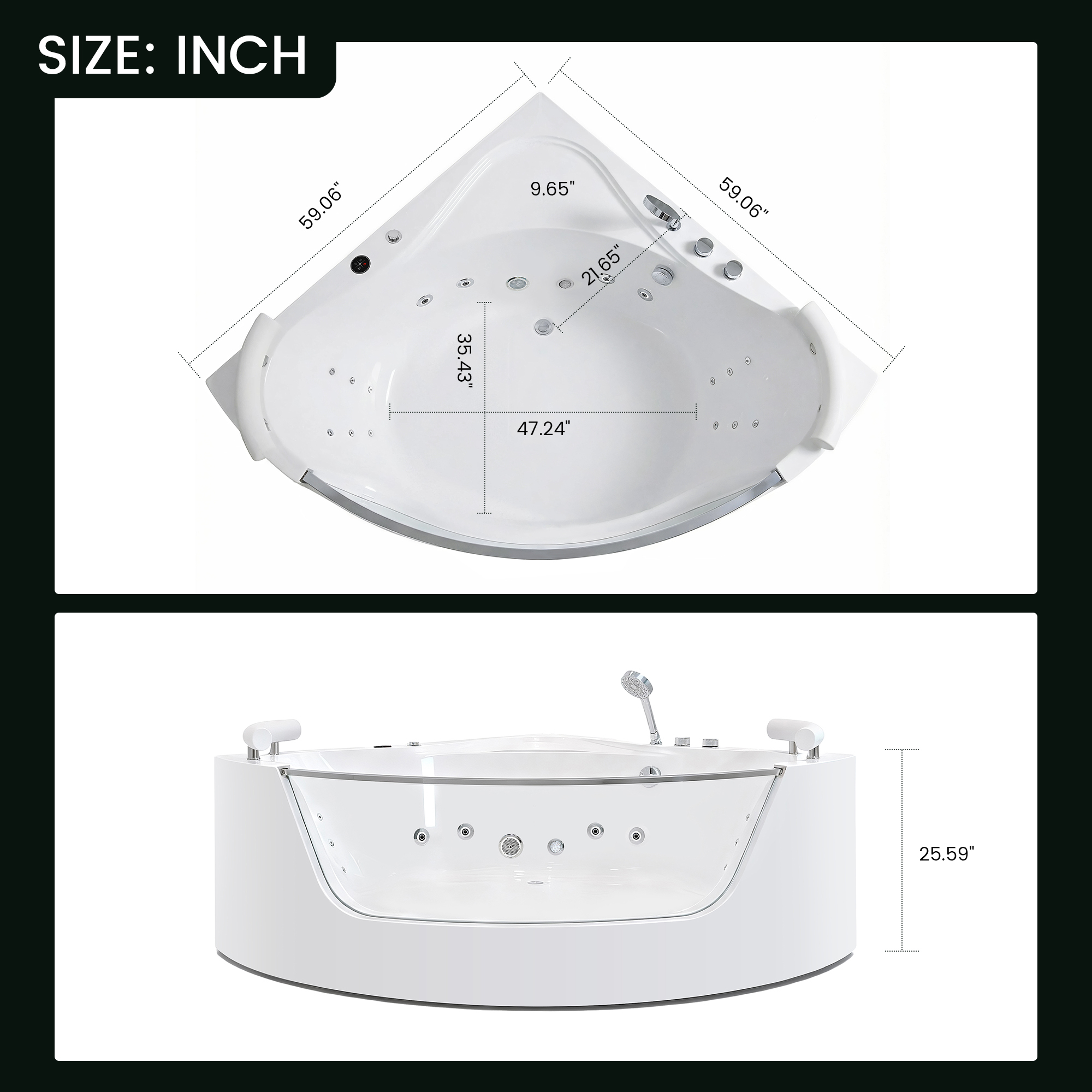 2 Person Acrylic Corner Whirlpool Bathtub 59 Inch 16 Jet Hydro Massage Bathtub With Heater Rainbow Light UL Certified Spa