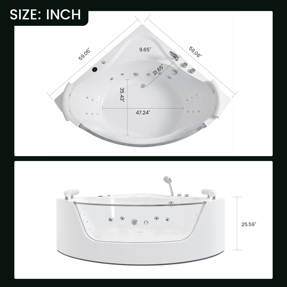 2 Person Acrylic Corner Whirlpool Bathtub 59 Inch 16 Jet Hydro Massage Bathtub With Heater Rainbow Light UL Certified Spa