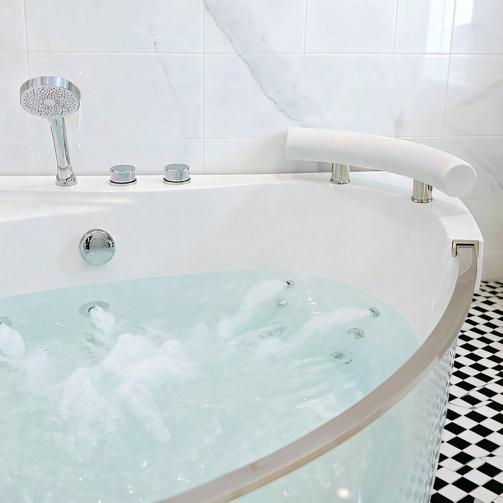 2 Person Acrylic Corner Whirlpool Bathtub 59 Inch 16 Jet Hydro Massage Bathtub With Heater Rainbow Light UL Certified Spa