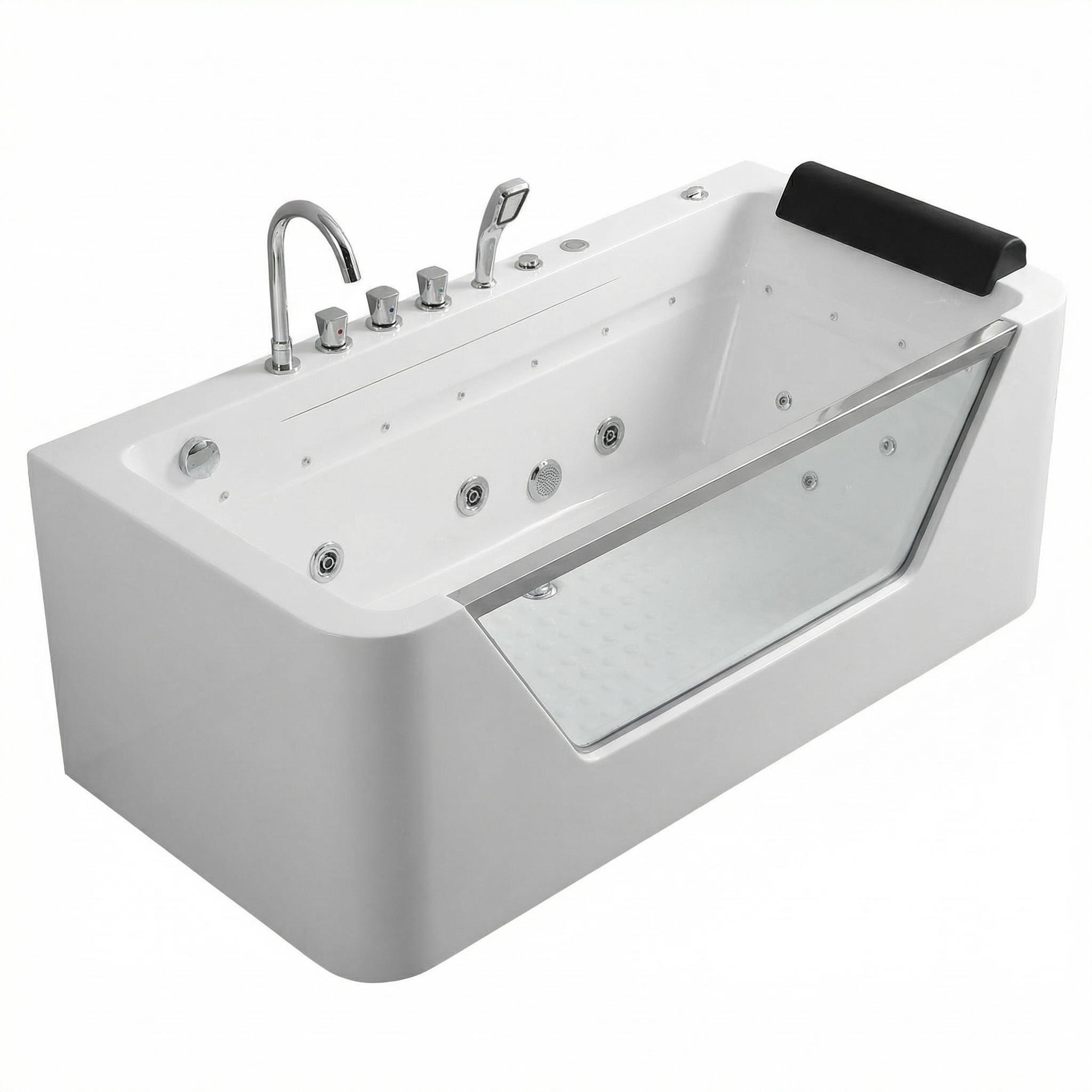 67" Whirlpool Bathtub ,Hydrotherapy Jetted Bathtub with Glass Panel, 7 Jets,3-Side Apron,89 Gallons,White