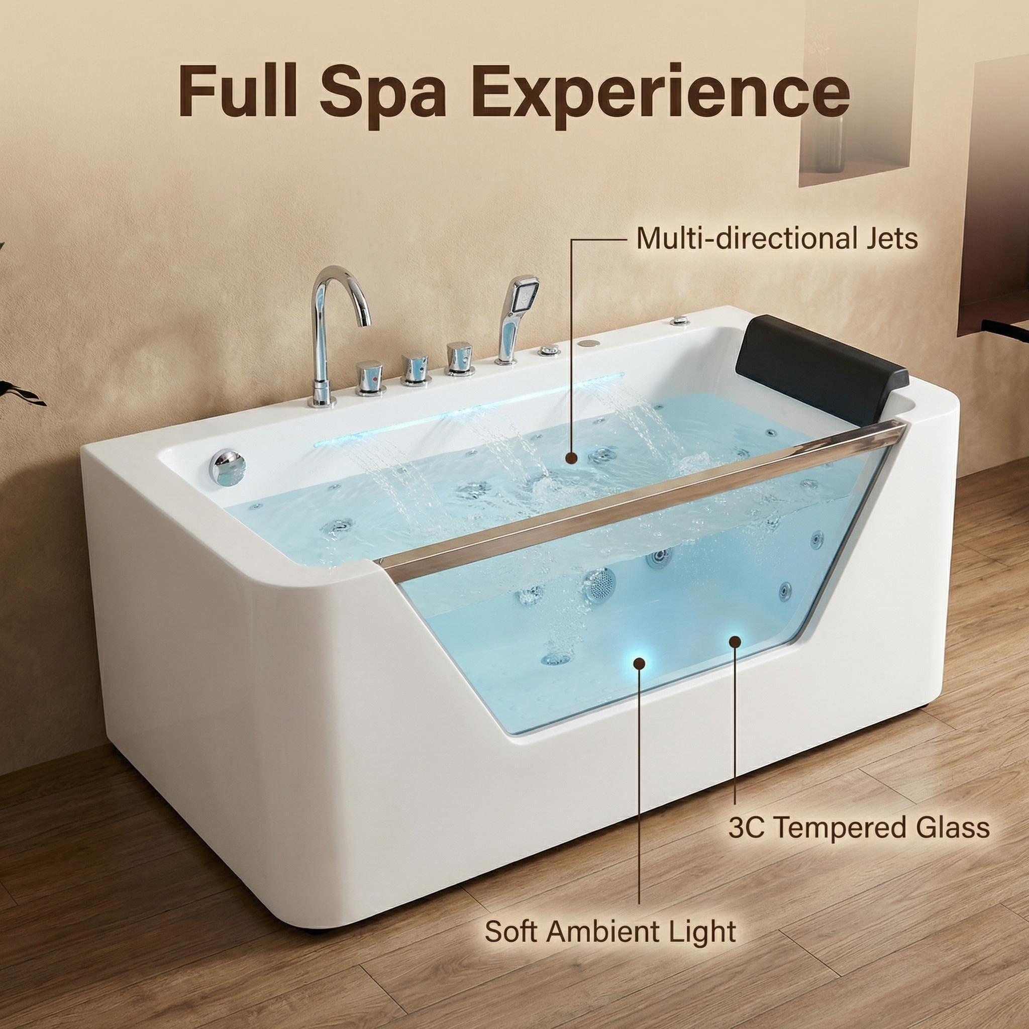 67" Whirlpool Bathtub ,Hydrotherapy Jetted Bathtub with Glass Panel, 7 Jets,3-Side Apron,89 Gallons,White