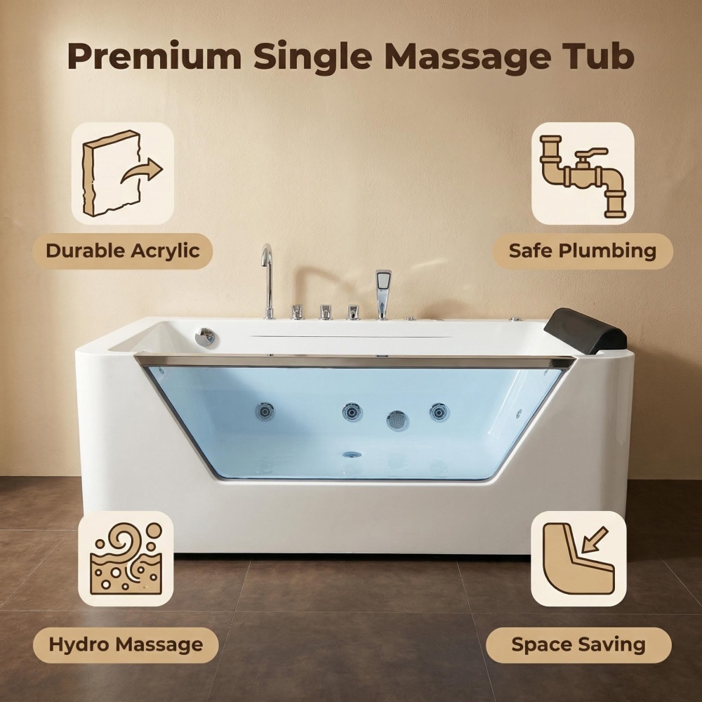 67" Whirlpool Bathtub ,Hydrotherapy Jetted Bathtub with Glass Panel, 7 Jets,3-Side Apron,89 Gallons,White