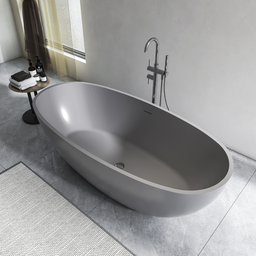 Moray 65 in. x 30 in. Solid Surface Stone Resin Flatbottom Freestanding Double Slipper Soaking Bathtub in Matte Gray
