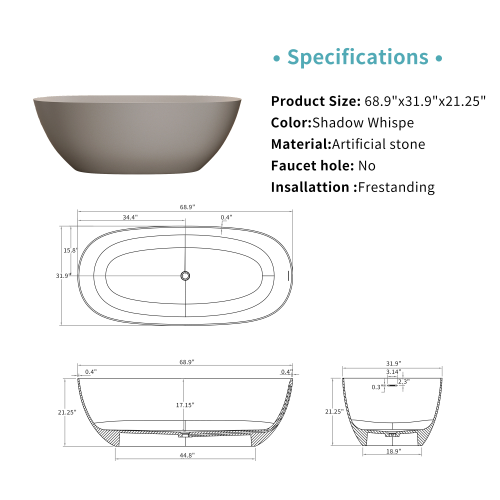 Moray 69 in. x 32 in. Solid Surface Stone Resin Flat Bottom Freestanding Thin-Edge Soaking Bathtub in Terrazzo Beige