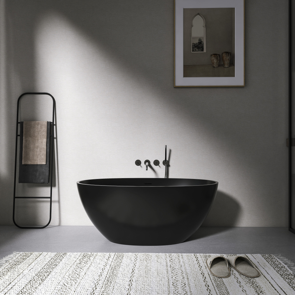 Moray 55 in. x 31 in. Solid Surface Stone Resin Flatbottom Freestanding Bathtub Soaking Bathtub in Matte Black